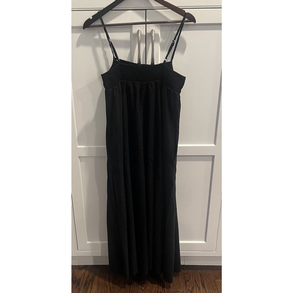 ZARA MIDI DRESS Spaghetti Straps SMOCKED TOP Solid Black dress Sz. L linen visco - Picture 5 of 6